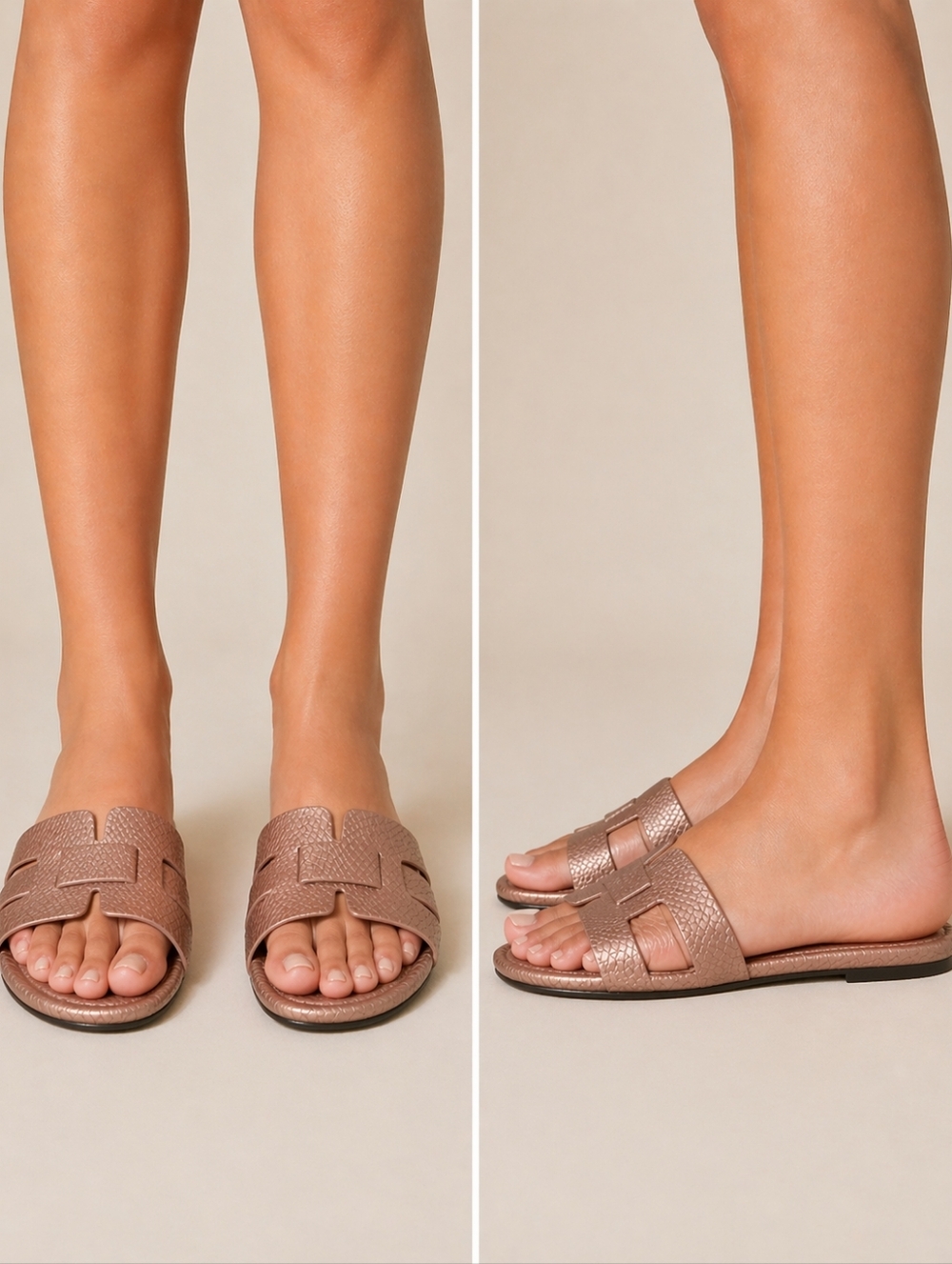 Metallic Tan Rose Gold Slide Sandals H Strap Womens Size 40 EU (9-9.5US) Minimal